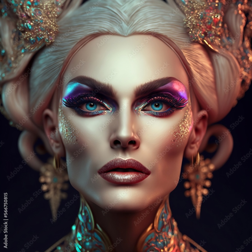 Obraz premium Portrait, Drag Queen with fantastic make up, Ai Generative