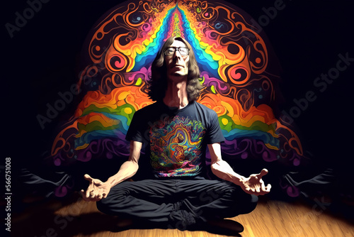 homem piscodélico meditando com fundo colorido com pose de yoga 