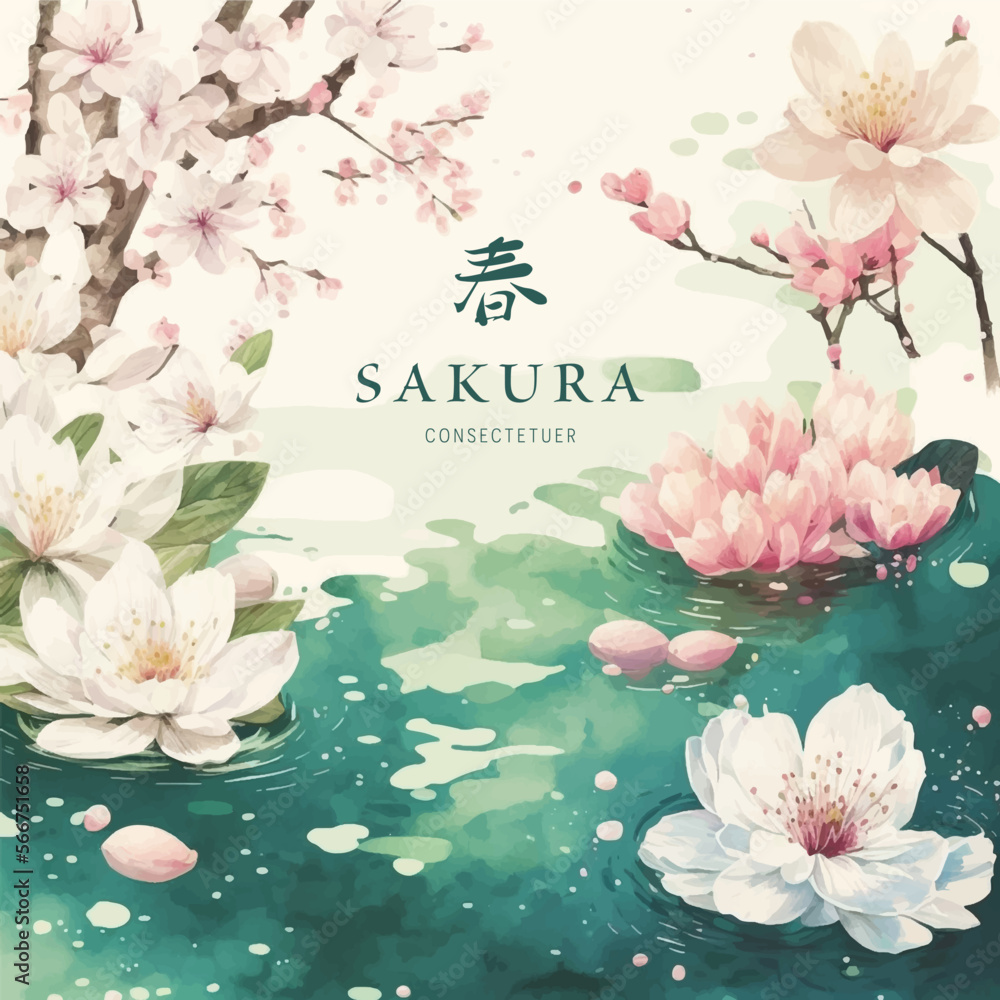 Naklejka premium Collection of сherry blossom flowers and branches in vector watercolor style. Image created AI