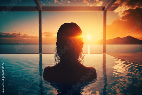 mulher em spa na piscina com lindo por do sol 