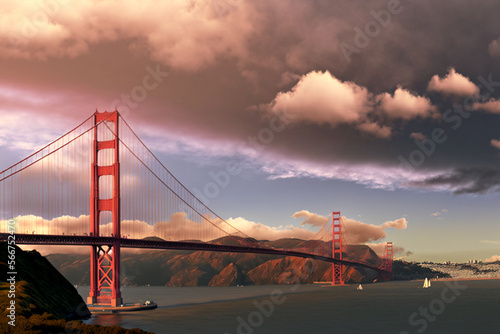 Golden Gate Bridge panorama, San Francisco California, sunset light on cloudy sky Generative AI