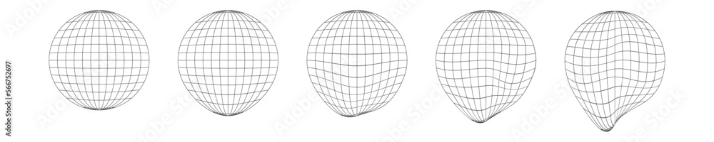 Process of globe melting. Set of deflated sphere icons. Distorted wireframes of Earth planet isolated on white background. Climate changing concept. Ecological problem Process of globe melting. Set of deflated sphere icons. Distorted wireframes of Earth planet isolated on white background. Climate changing concept. Ecological problem