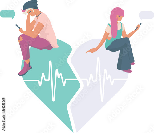 Broke up LGBT couple sitting on the heart sending each other messages