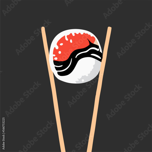 chopsticks holding sushi roll. concept of snack, susi, exotic nutrition, sushi restaurant, sea food. isolated on black background. flat style trend modern logotype design illustration