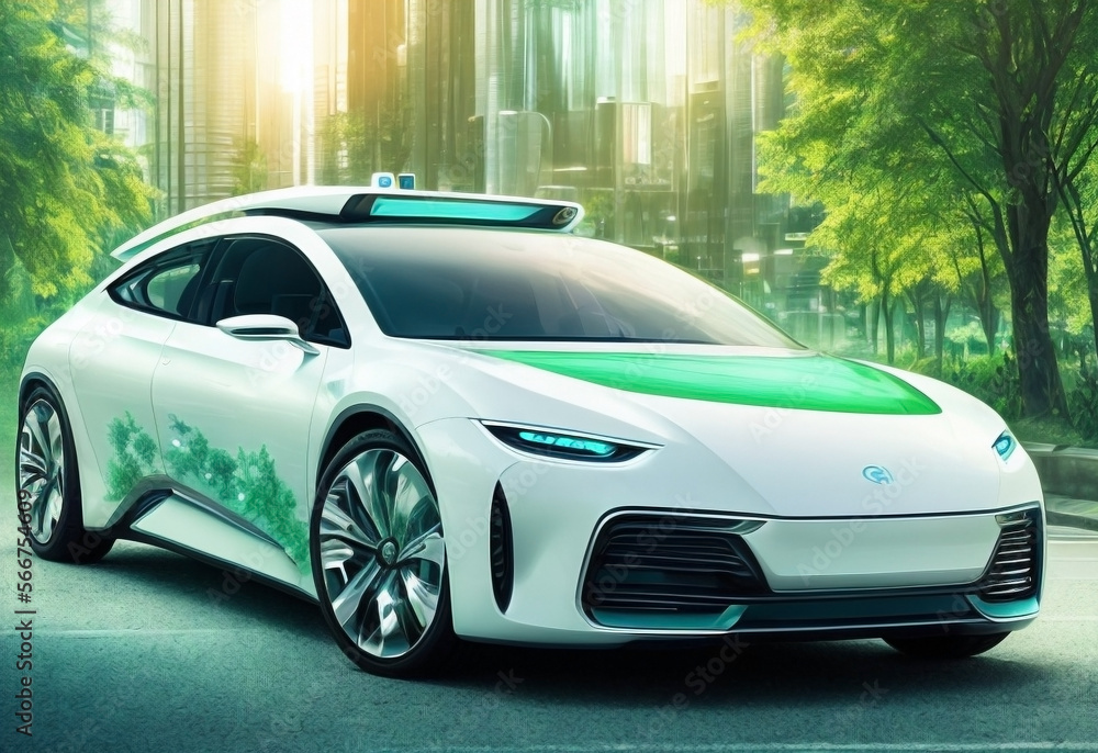 White light electric hydrogen car concept in the city of the future near the charging station. Unmanned vehicle Generativ AI.