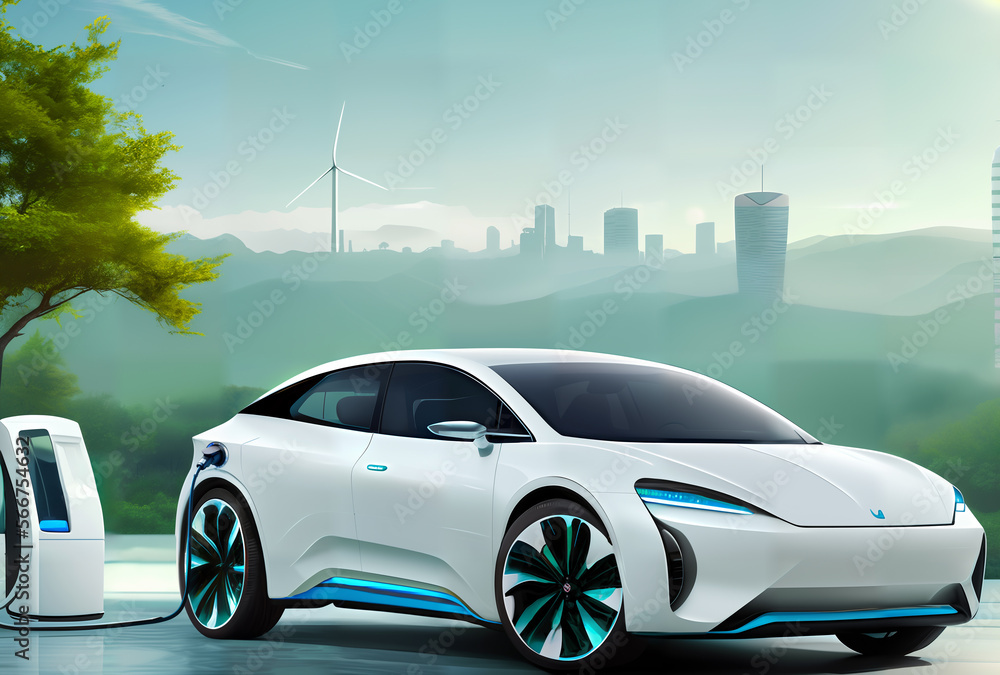 White light electric hydrogen car concept in the city of the future
