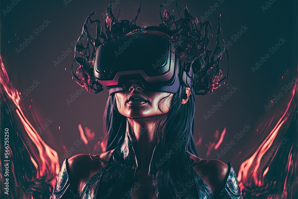 Illustration of people using VR headset - Futuristic background - Created with generative ai