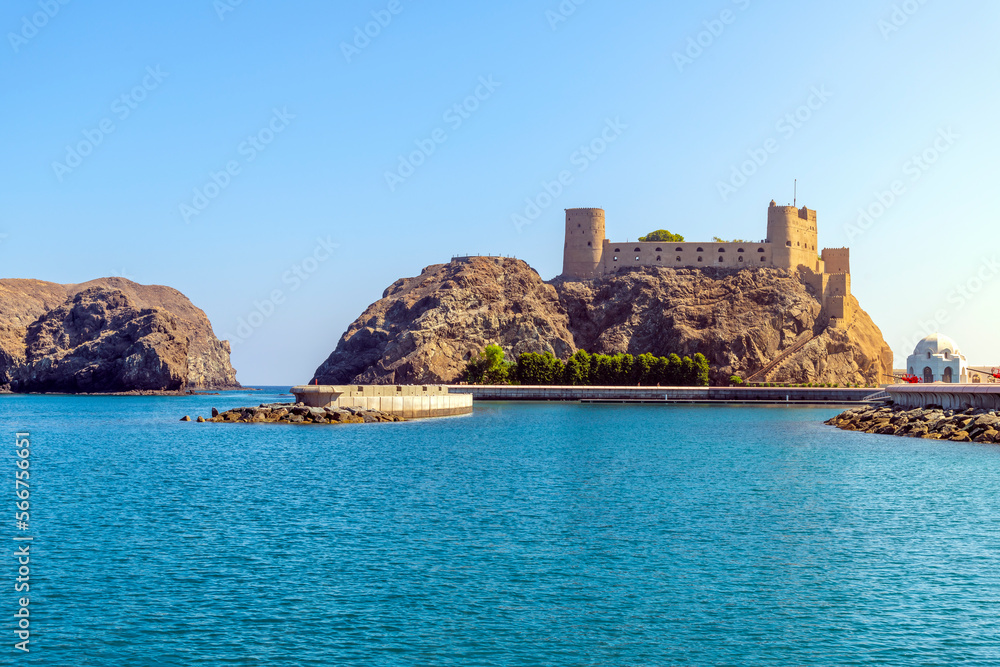 View of the Al-Jalali Fort, or Ash Sharqiya Fort, in the harbor of Old Muscat, Oman.