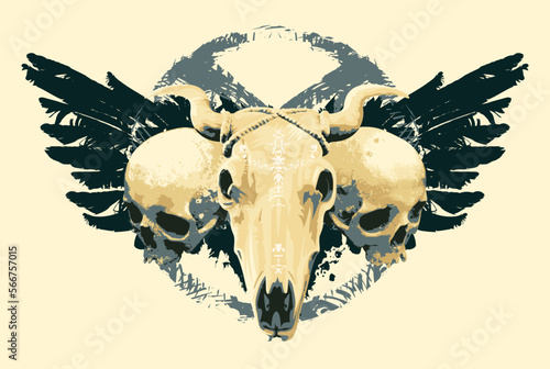 vector bunner sign with human and cow skulls with wings. black spots and an inverted pentagram star. Graphic print for clothes, fabric, wallpaper, wrapping paper, design element for halloween party