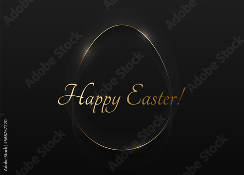 Easter minimalist greeting card black soft 3D egg shape abstract frame gold line design. Happy Easter golden text. Vector design black background. Luxury minimal holiday poster, greeting card, banner
