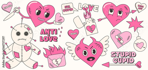 Trendy y2k anti valentines day stickers set. 2000s anti love conception. Cartoon characters. Trendy neon pink
