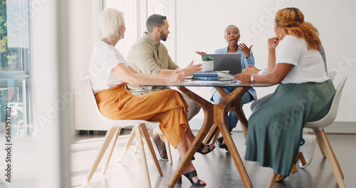 Leadership, innovation or black woman in meeting planning a SEO digital marketing strategy for target audience. Collaboration, team work or employees talking of speaking of kpi goals for sales growth