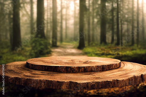 Wooden round pedestal in the green forest illustration, scenery of empty product podium in natural environment, green trees around, mystical mood, Generative AI