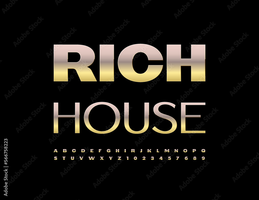 Vector stylish logo Rich House. Elegan Golden Font. Luxury Alphabet Letters and Numbers set