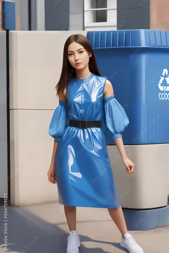 Young brunette woman in a blue dress made from recycled plastic. AI generated.