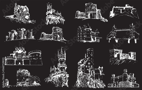 Graphical set of medieval catles isolated on black, vector illustration.Architecture