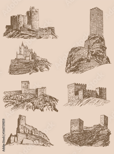 Graphical vintage  set of medieval catles, vector illustration.Architecture