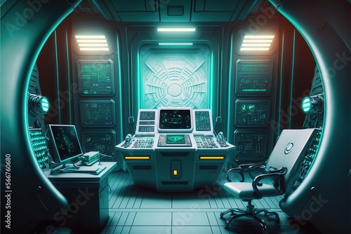 Fotografia A laboratory in the interior of a spaceship and an empty podium for the presentation of a cyberpunk product
