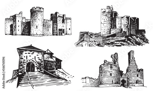 Graphical set of castles isolated on white background,vector illustration,architecture