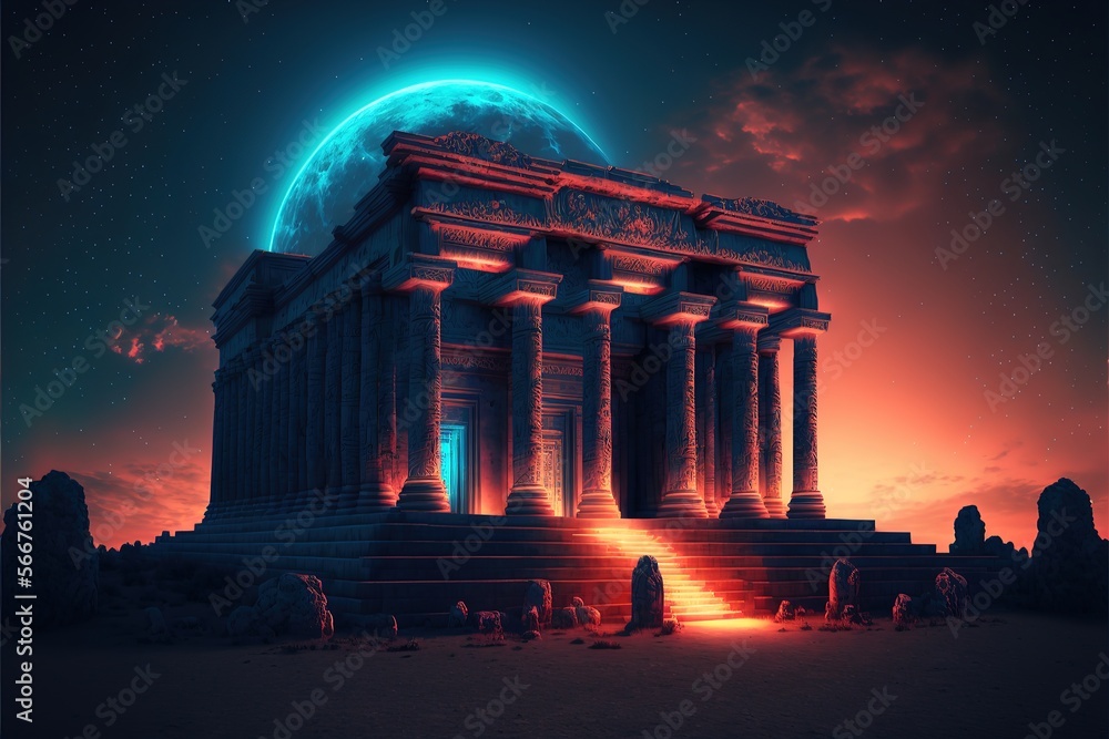 Obraz premium Majestic stone temple of ancient Babylon with a fantastic landscape. AI