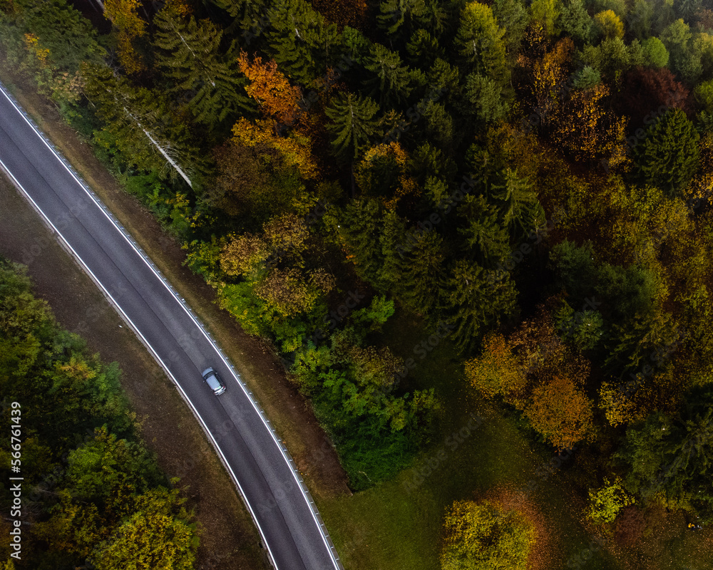 Road trip around Italy. Drone photo. Gray car on the beautiful autumn road. Wet asphalt circled by bright autumn forest.