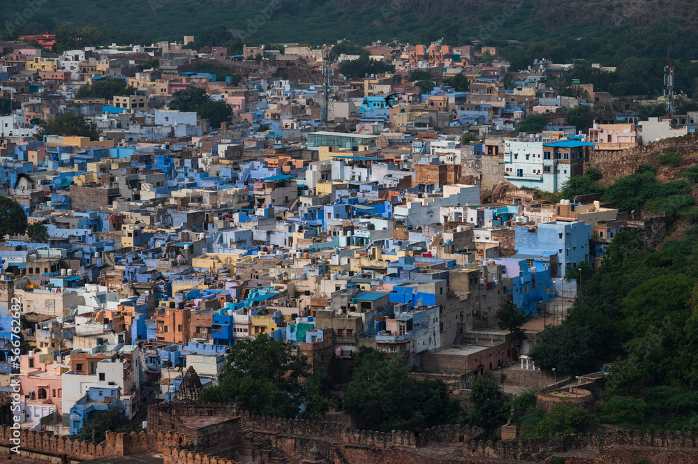 Beautiful top view of Jodhpur city from Mehrangarh fort, Rajasthan, India. Jodhpur is called Blue city since Hindu Brahmis there worship Lord Shiva, whose colour is blue, they painted houses in blue.