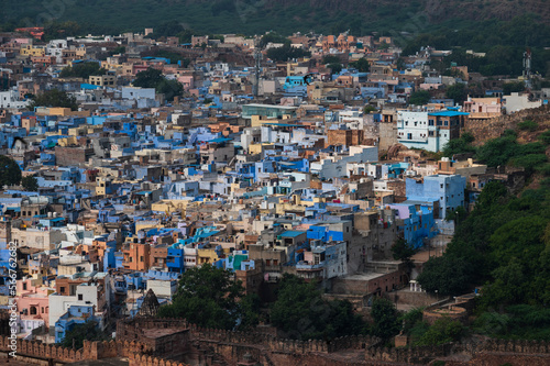 Beautiful top view of Jodhpur city from Mehrangarh fort, Rajasthan, India. Jodhpur is called Blue city since Hindu Brahmis there worship Lord Shiva, whose colour is blue, they painted houses in blue. © mitrarudra