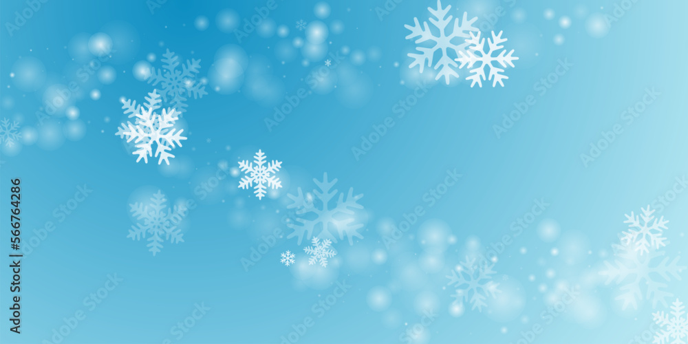 Magical heavy snow flakes illustration. Snowfall dust ice granules. Snowfall sky white teal blue pattern. Bokeh snowflakes new year vector. Snow nature landscape.