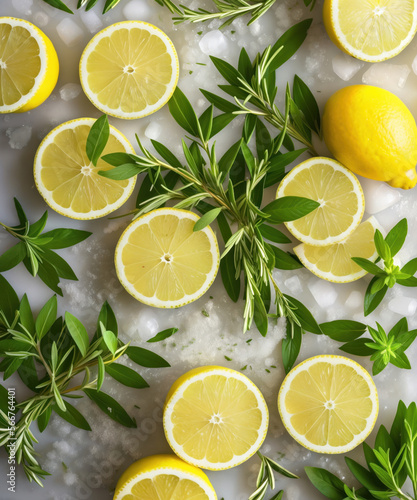 Flat lay composition of lemon with rosemary and mint on stone table. Summer lemonade ingredients. Generative Ai