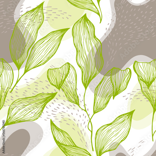 Sketch style doodle line texture leaves over stains and dots seamless vector ...