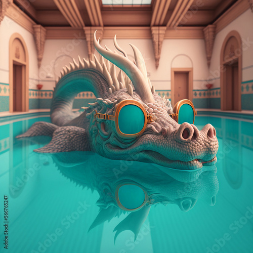 Dragon at pool wearing diving glasses. Chinese Horoscope. Chinese New Year 2023 photo