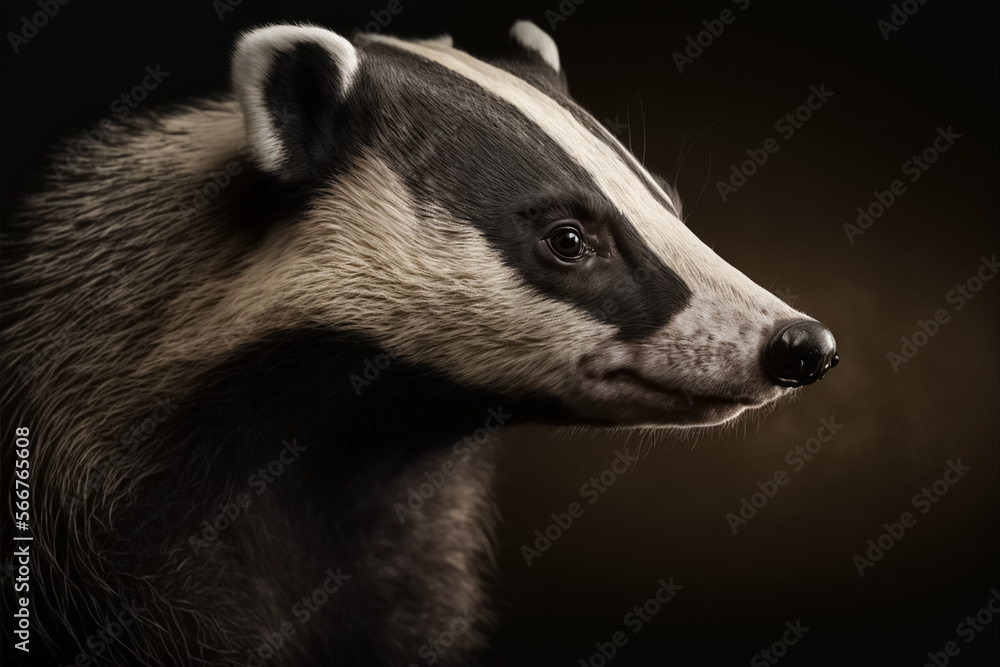 Badger closeup view. Wlld animal. Front view of badger isolated on black background. Natural habitat. Cute Mammal in environment. generative AI Badger closeup view. Wlld animal. Front view of badger isolated on black background. Natural habitat. Cute Mammal in environment. generative AI