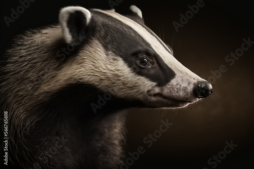 Badger closeup view. Wlld animal. Front view of badger isolated on black background. Natural habitat. Cute Mammal in environment. generative AI