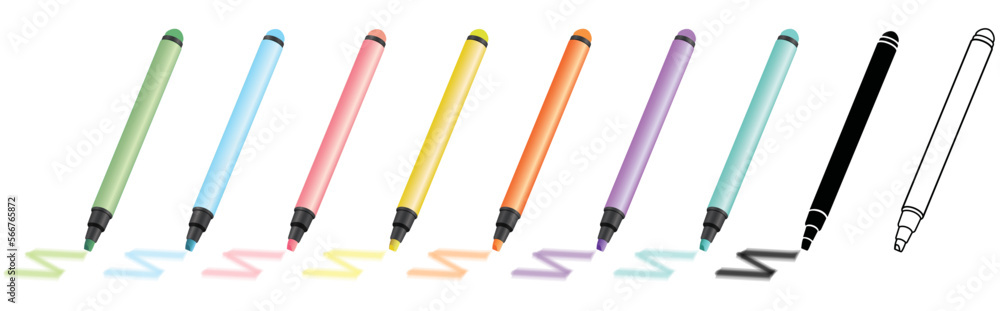 set of 9 highlighter marker sharpie pens for highlighting text in pink, yellow, green, blue, orange, purple, teal, including black silhouette glyph and outline icon isolated on white background set of 9 highlighter marker sharpie pens for highlighting text in pink, yellow, green, blue, orange, purple, teal, including black silhouette glyph and outline icon isolated on white background