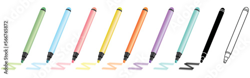 set of 9 highlighter marker sharpie pens for highlighting text in pink, yellow, green, blue, orange, purple, teal,  including black silhouette glyph and outline icon isolated on white background photo