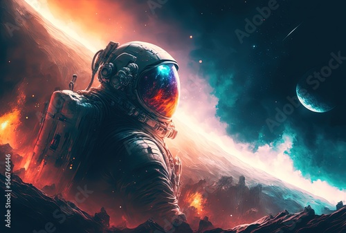 illustration of an astronaut in space battle field, idea for sci-fi and space punk background wallpaper, Generative Ai © QuietWord