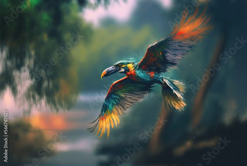 a bird flying in nature forest, Generative Ai