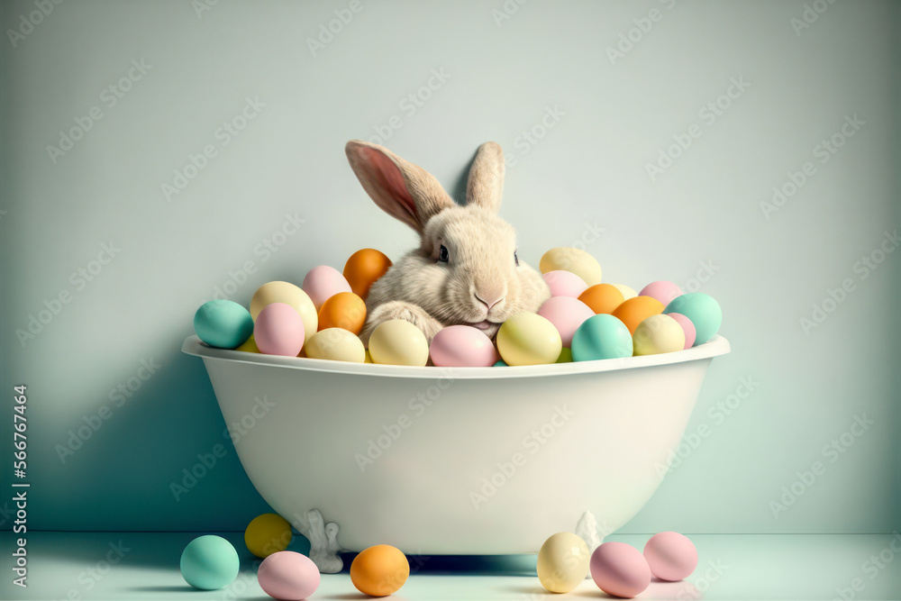 © eyetronic - Cute easter bunny with many easter eggs. Generative AI.