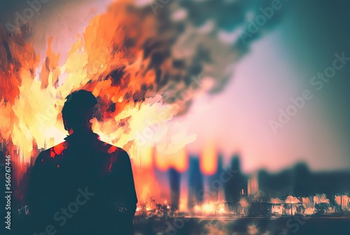 a man watchin fire forest burning  city, Generative Ai photo