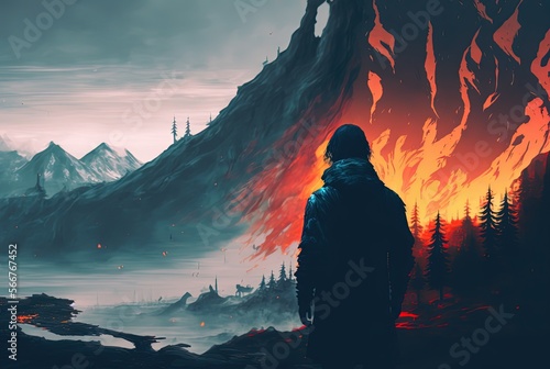 a man watchin fire forest burning  city, Generative Ai photo