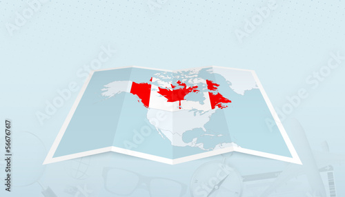 Map of Canada with the flag of Canada in the contour of the map on a trip abstract backdrop.