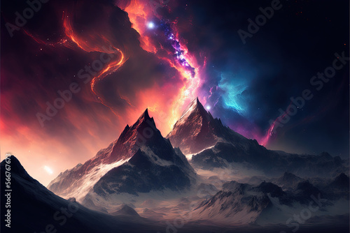 fantasy mountains in neon color in winter AI