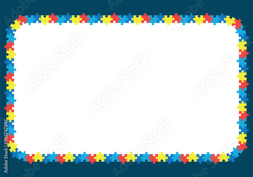 World autism awareness day. Colorful puzzles frame vector background. Symbol of autism. Medical flat illustration. Health care