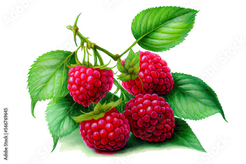 Red berries of ripe raspberries with green leaves, watercolor drawing on a white background. Generative AI.