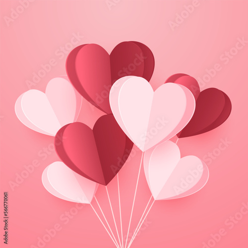 Valentine's Day Banner. Happy Valentine's Day greeting card design. Holiday banner with hot air heart balloon. Paper art and digital craft style illustration.