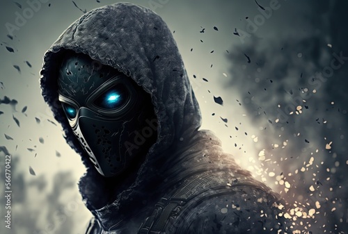 a villain man wearing mask with destruction  scatter crack piece 