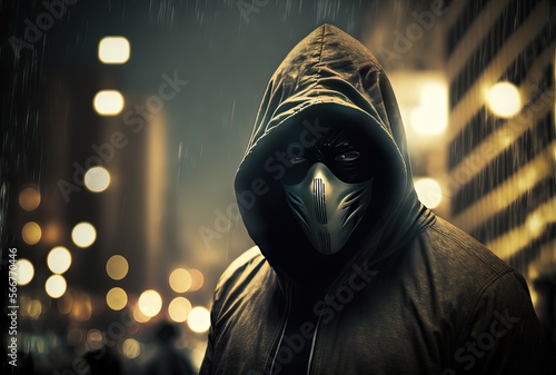 a villain man wearing mask with bokeh city light 