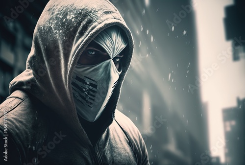 a villain man wearing mask with bokeh city light  photo