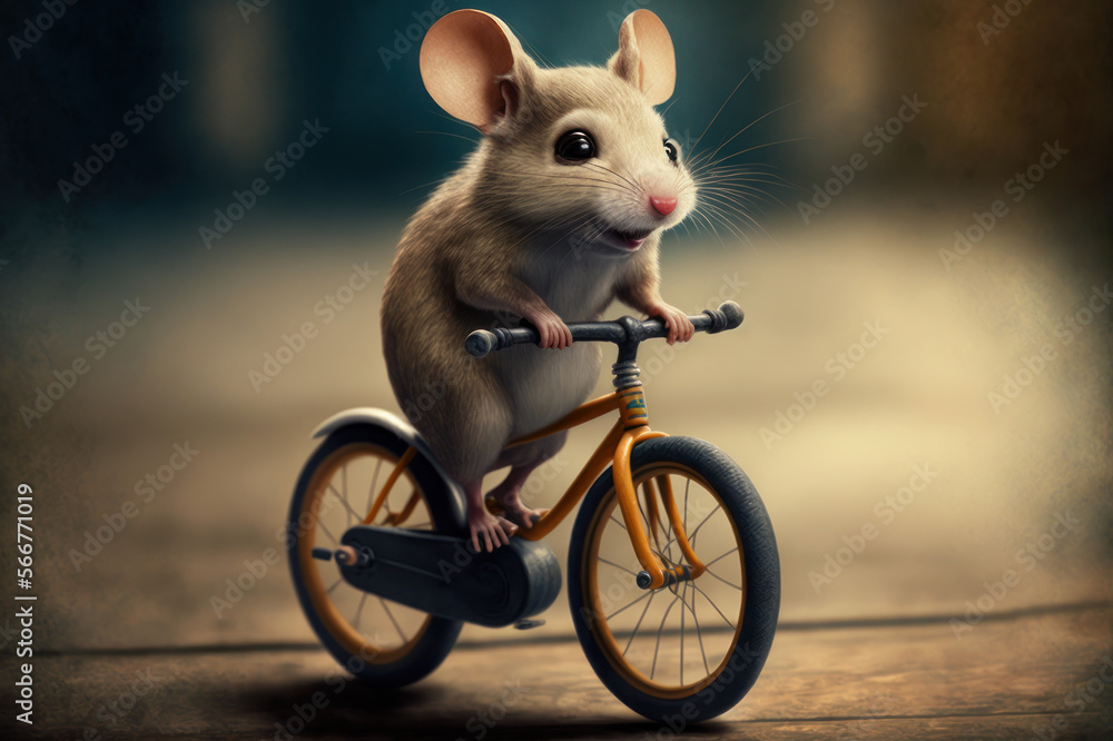 Illustrazione Stock Maus auf einem Fahrrad, fährt lächelnd auf der Straße Adobe Stock