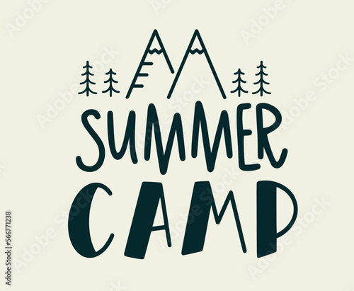 Summer Camp. Vector illustration. Summer camp typography design for t-shirt, poster, banner. Hand drawn lettering typography text. Summer camp traveling logo for print.